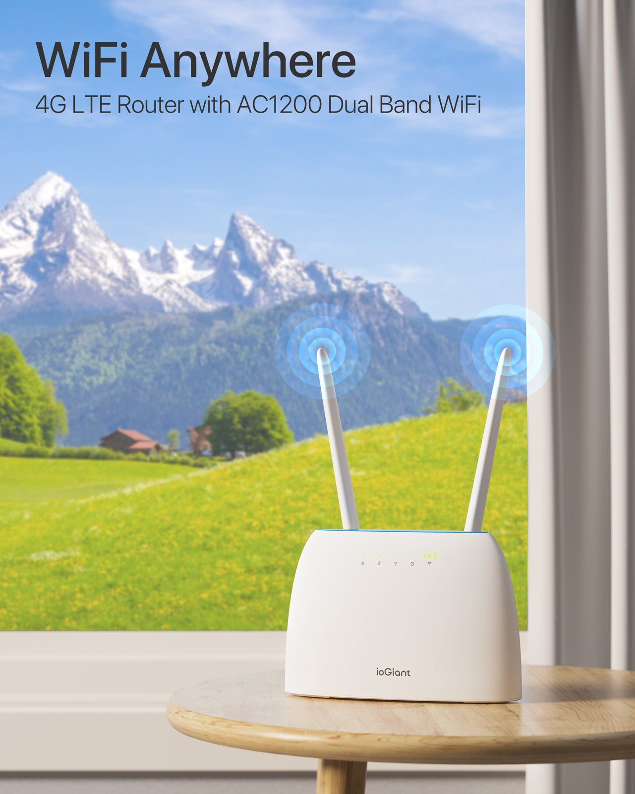 ioGiant Router 4G LTE con Sim, AC1200 Wi-Fi Dual-Band, Senza configurazione, Porta LAN/WAN, Connettività Fino a 64 Dispositivi, Antenne Staccabile, modem 4G Sim, Compatibile con Tutti Gli Operatori