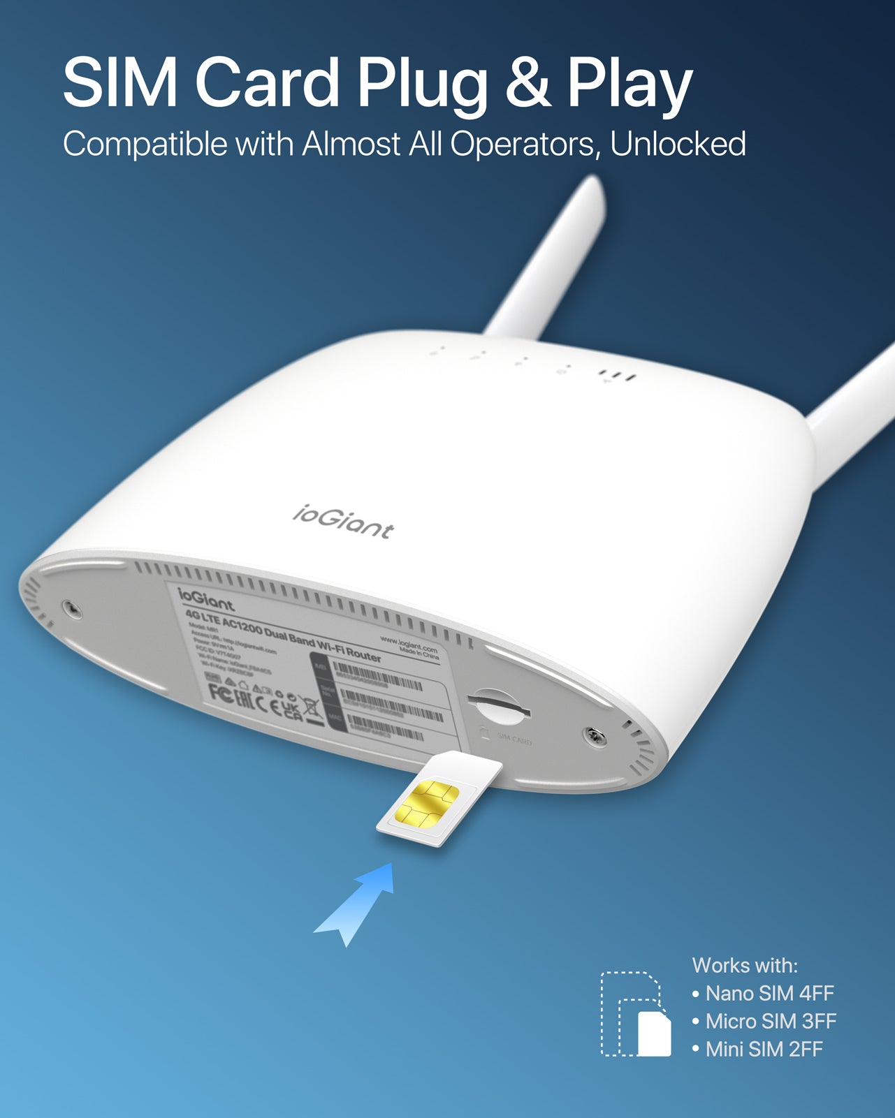ioGiant Router 4G LTE con Sim, AC1200 Wi-Fi Dual-Band, Senza configurazione, Porta LAN/WAN, Connettività Fino a 64 Dispositivi, Antenne Staccabile, modem 4G Sim, Compatibile con Tutti Gli Operatori